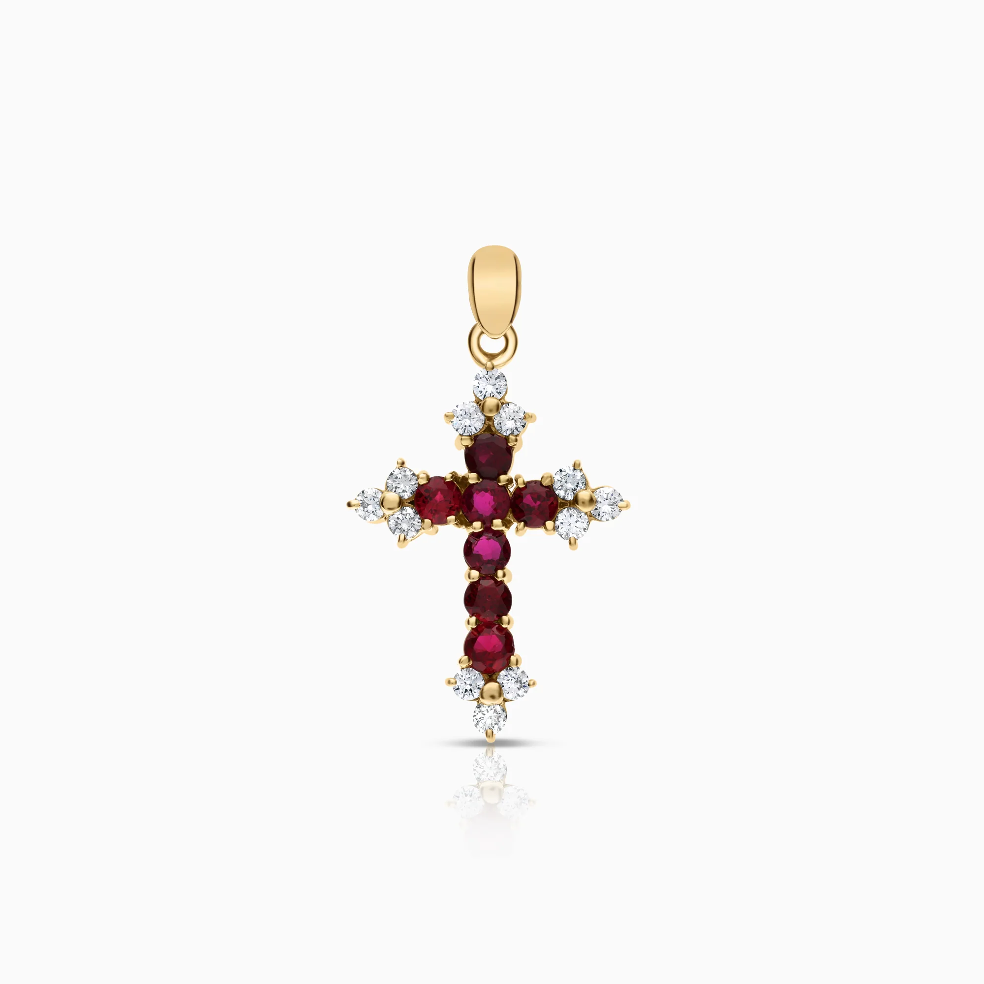 Gemstone cross pendant with synthetic rubies and diamonds 0.36ct 18K yellow gold