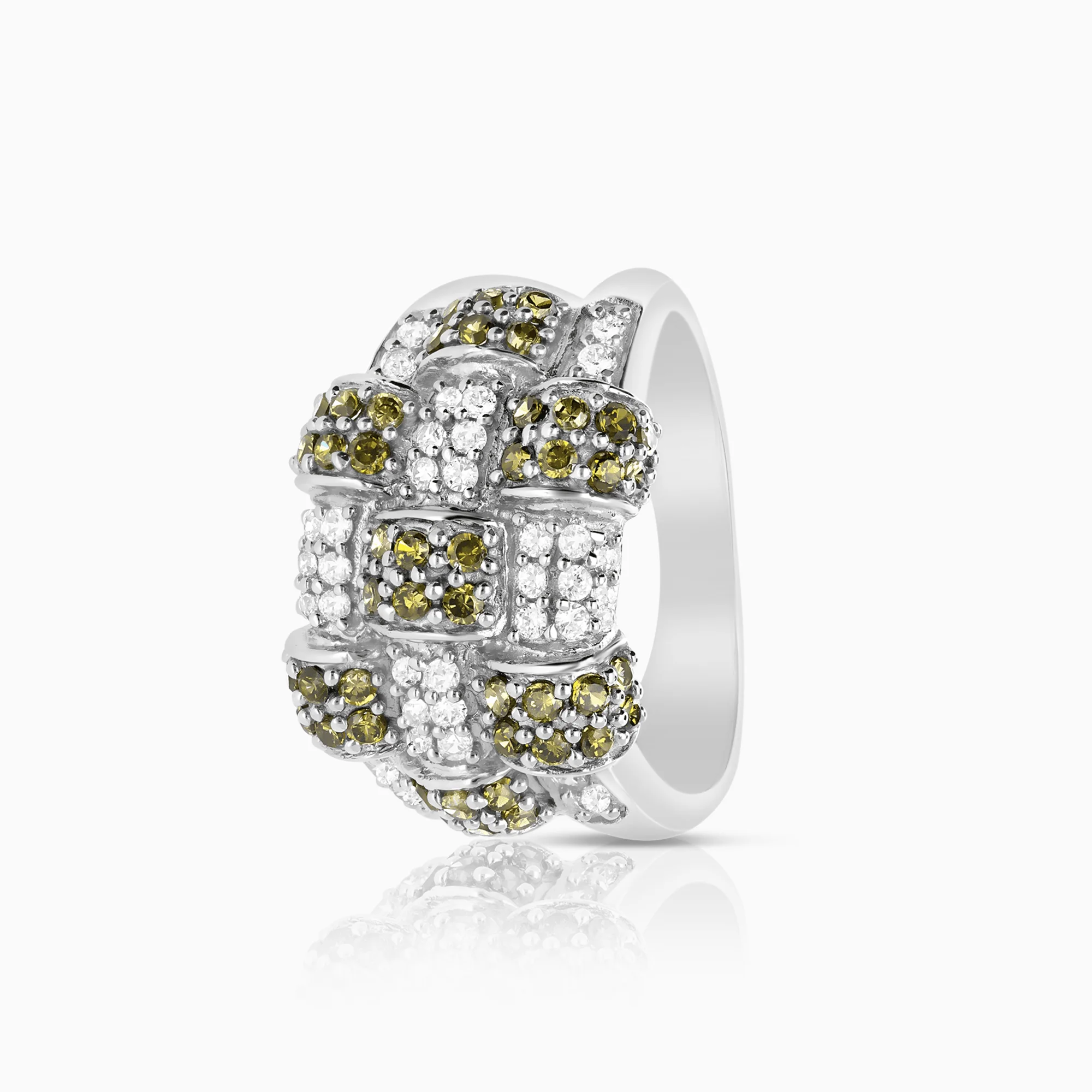 Fashion ring with white and green cubic zirconia 7.48g 18K white gold