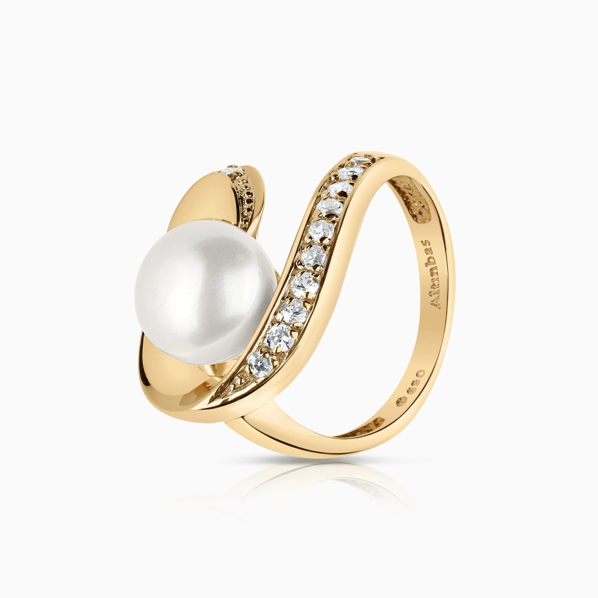 Ring with cubic zirconia and cultured freshwater pearl 5.65g 14K gold