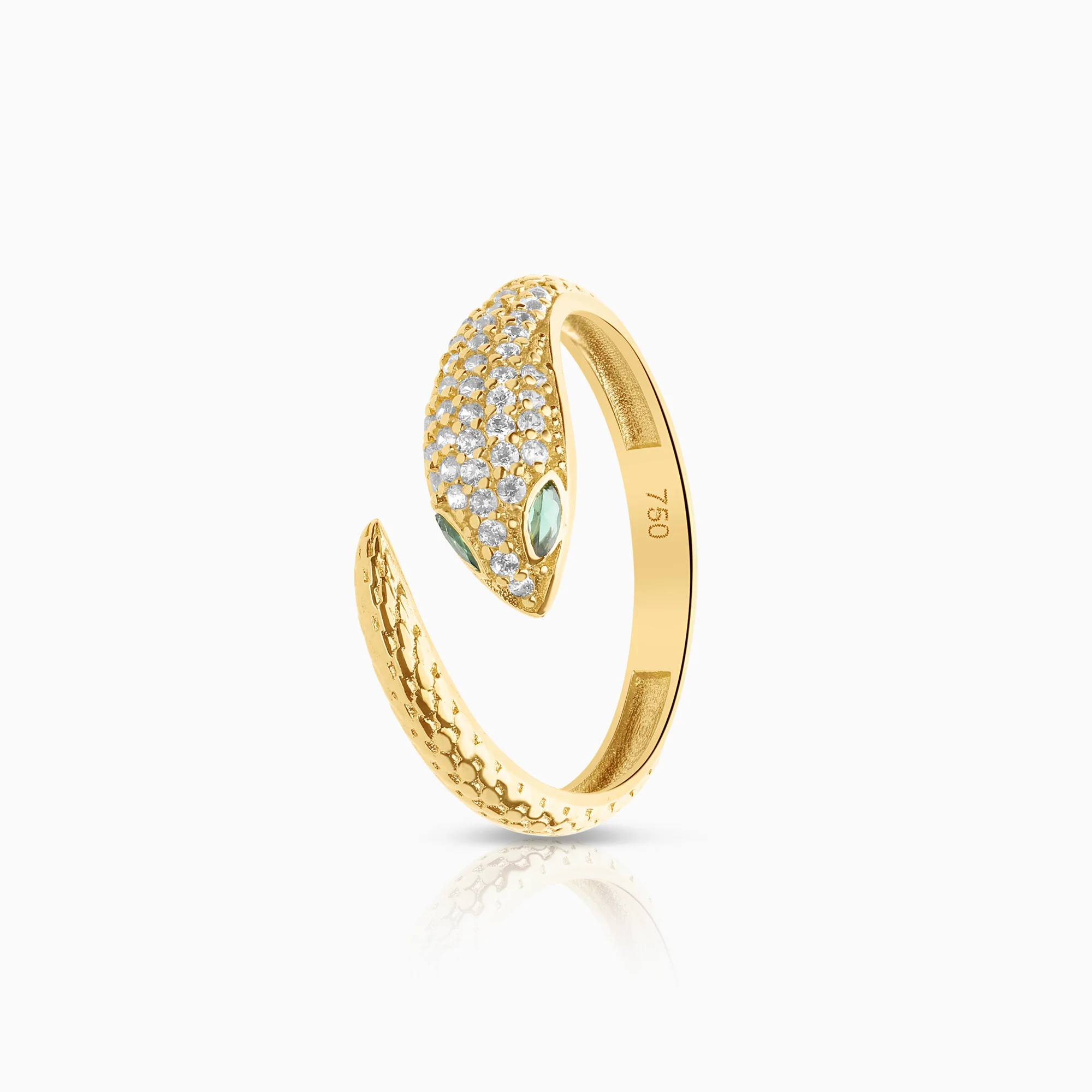 Snake ring with cubic zirconia and green imitation stones 2.72g 18K gold