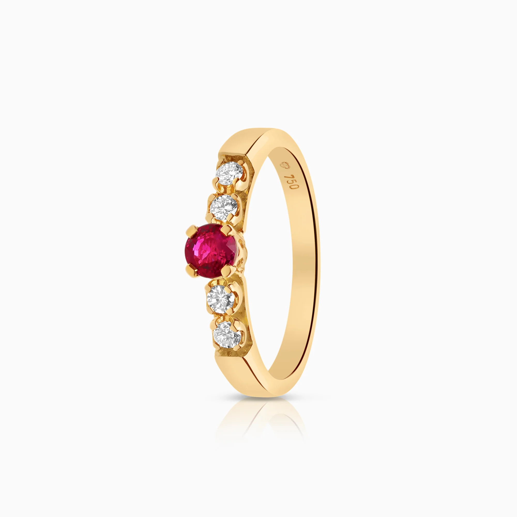 Side-stone ring with ruby and diamonds 0.16ct 18K gold